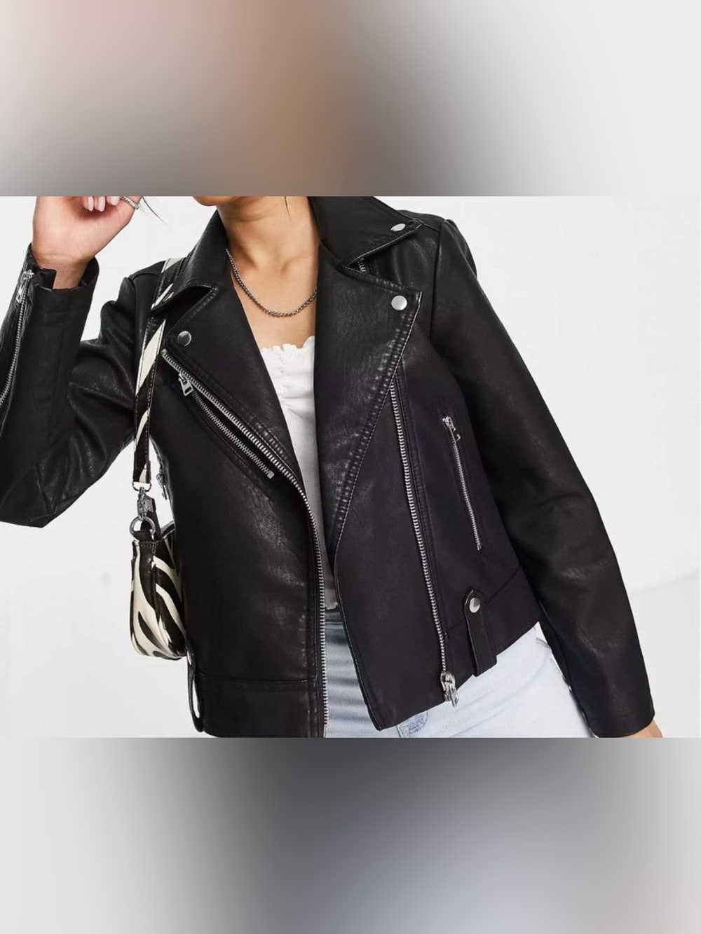 Topshop Women's Black Faux Leather Moto Jacket with Zip Details